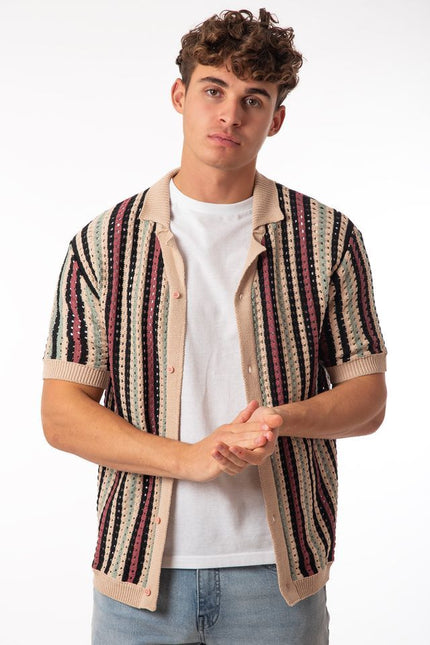 SoulStar Sub Open Knit Shirt - Pink Stripe