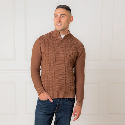 H/H Organic Mock Neck Cable Sweater Cinnamon Heather