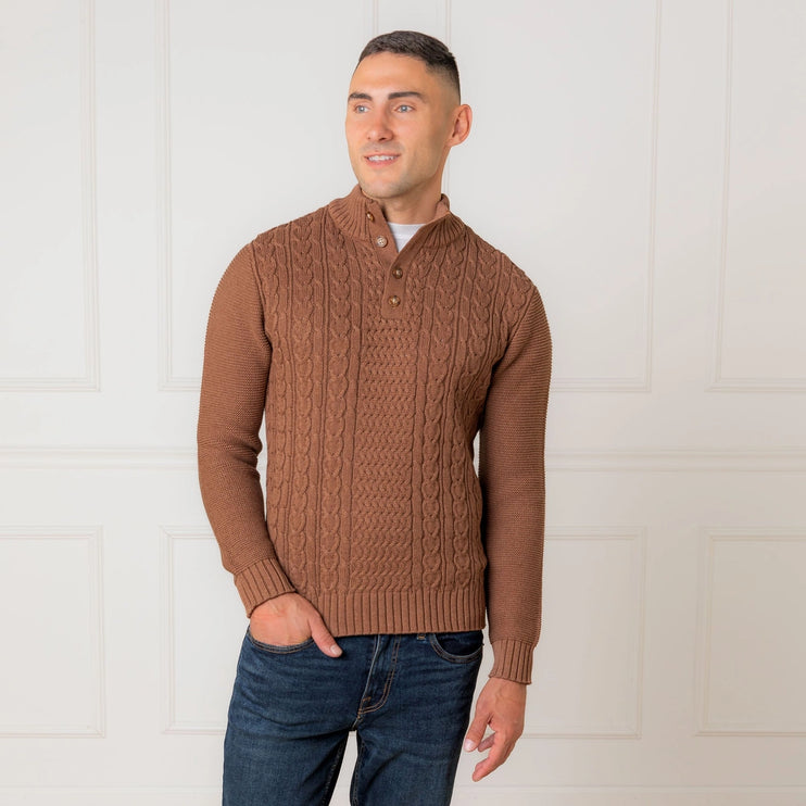 H/H Organic Mock Neck Cable Sweater Cinnamon Heather