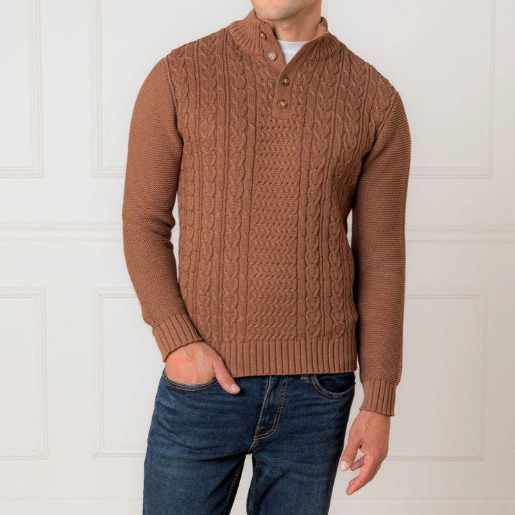 H/H Organic Mock Neck Cable Sweater Cinnamon Heather