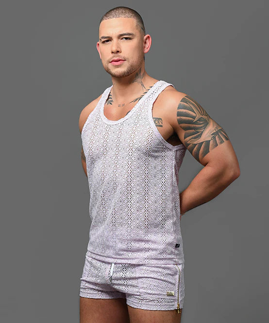 Andrew Christian Miami Cabana Boy 20059 crochet tank lavender sparkle