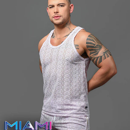 Andrew Christian Miami Cabana Boy 20059 crochet tank lavender sparkle