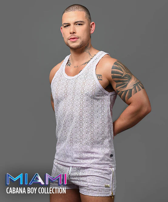 Andrew Christian Miami Cabana Boy 20059 crochet tank lavender sparkle