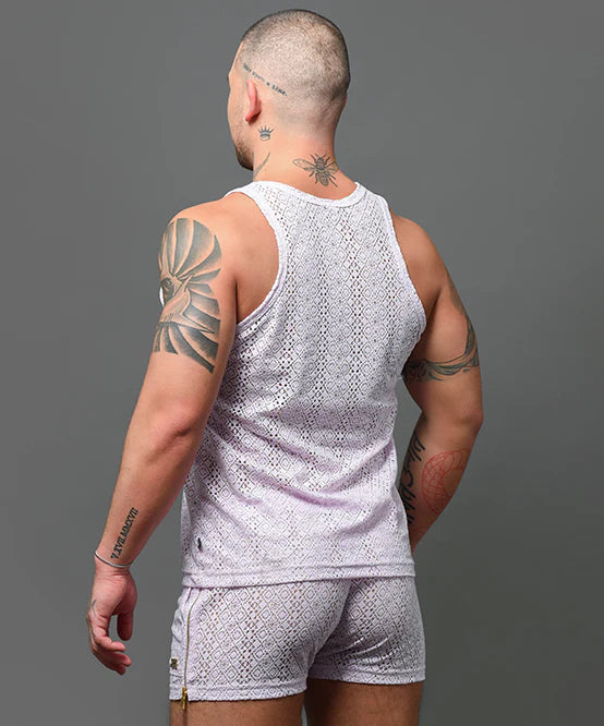 Andrew Christian Miami Cabana Boy 20059 crochet tank lavender sparkle