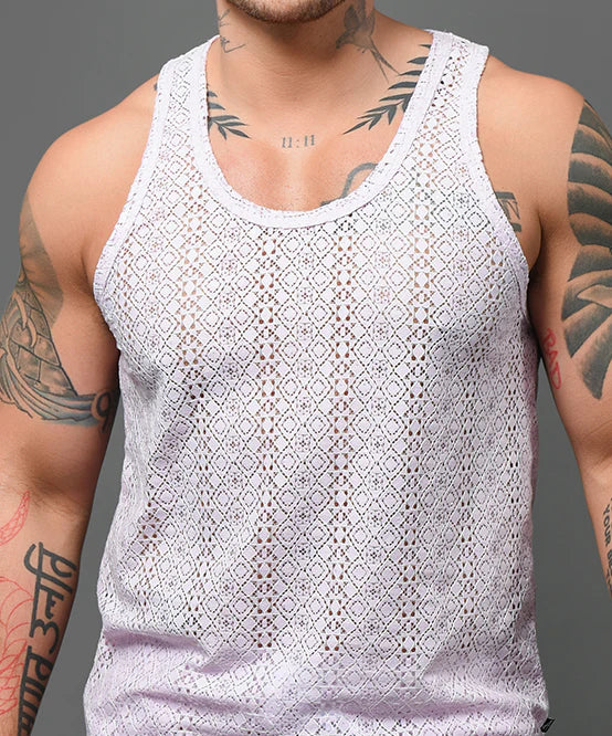 Andrew Christian Miami Cabana Boy 20059 crochet tank lavender sparkle