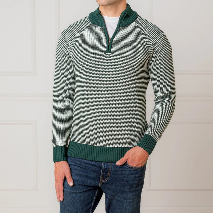 H/H Organic Half Zip Pullover Deep Green Stripe