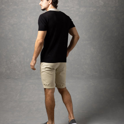 Bespoke Perforated Knit Polo Shirt - Black/Beige