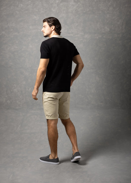 Bespoke Perforated Knit Polo Shirt - Black/Beige