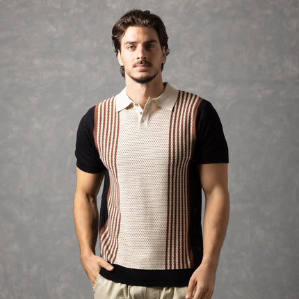 Bespoke Perforated Knit Polo Shirt - Black/Beige
