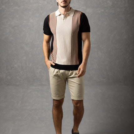 Bespoke Perforated Knit Polo Shirt - Black/Beige