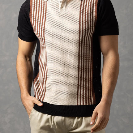 Bespoke Perforated Knit Polo Shirt - Black/Beige
