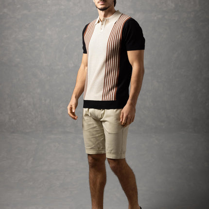 Bespoke Perforated Knit Polo Shirt - Black/Beige