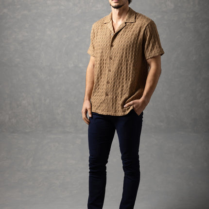Bespoke Textured Knit Short-Sleeve Shirt - Khaki Brown
