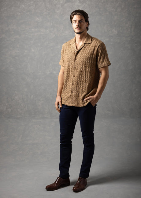 Bespoke Textured Knit Short-Sleeve Shirt - Khaki Brown