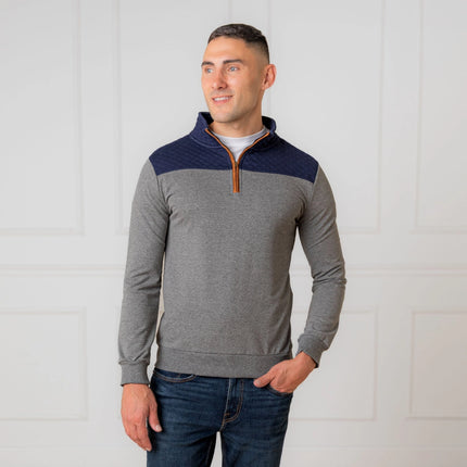 H/H Organic French Terry Half Zip with Quilted Yoke Pullover Navy/Grey