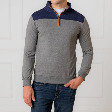 H/H Organic French Terry Half Zip with Quilted Yoke Pullover Navy/Grey