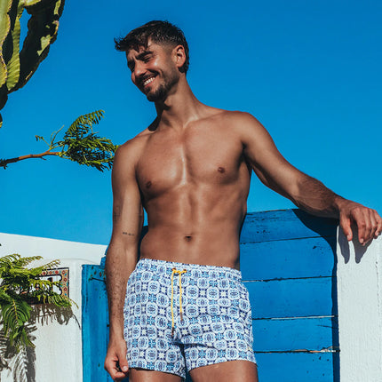 2eros Byron 3" inseam swim shorts Mykonos mens sexy white and blue Egoist Chicago www.egoistunderwear.com