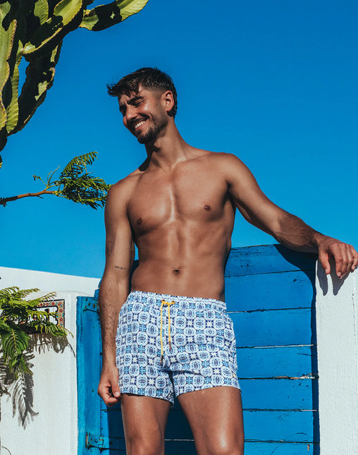 2eros Byron 3" inseam swim shorts Mykonos mens sexy white and blue Egoist Chicago www.egoistunderwear.com