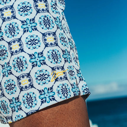 2eros Byron 3" inseam swim shorts Mykonos mens sexy white and blue Egoist Chicago www.egoistunderwear.com