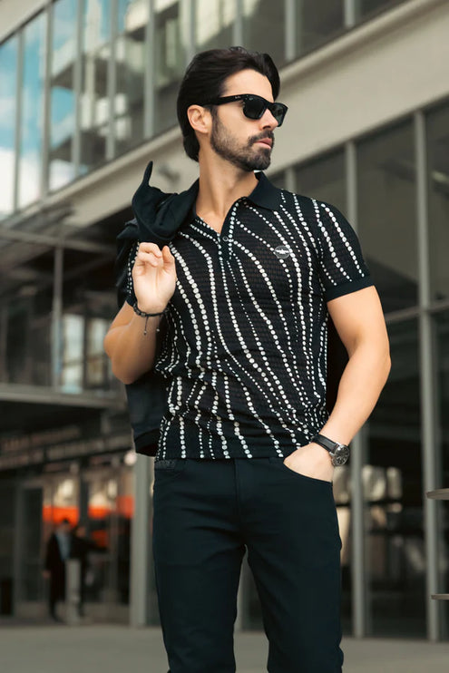 Barabas Lisbon polka dot stretch sheer polo shirt black/white