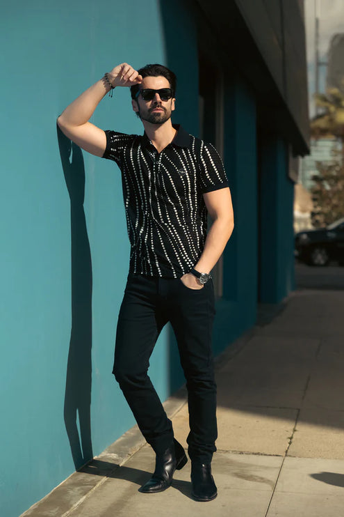 Barabas Lisbon polka dot stretch sheer polo shirt black/white