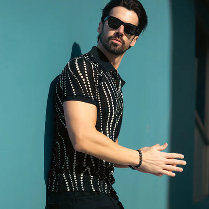 Barabas Lisbon polka dot stretch sheer polo shirt black/white