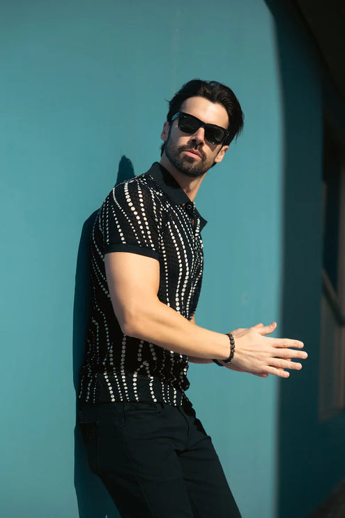 Barabas Lisbon polka dot stretch sheer polo shirt black/white