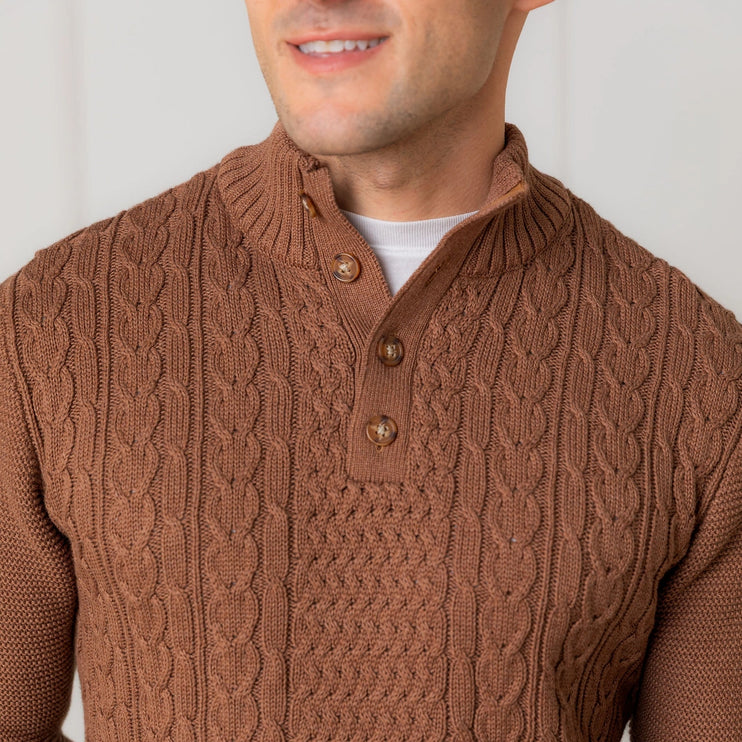 H/H Organic Mock Neck Cable Sweater Cinnamon Heather