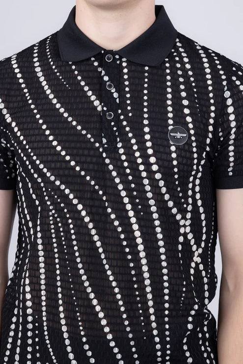Barabas Lisbon polka dot stretch sheer polo shirt black/white