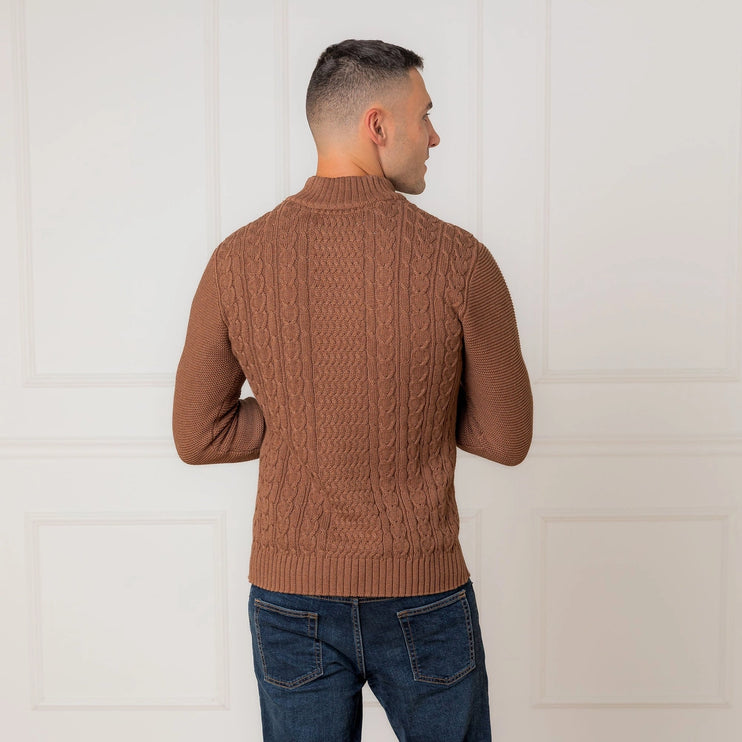 H/H Organic Mock Neck Cable Sweater Cinnamon Heather