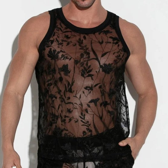 Code 22 Embroidered Tulle Tank Mesh 9761 - Black Floral