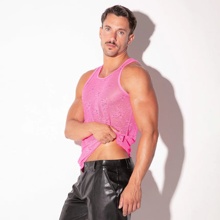 Code 22 Sheer Lace Tank Mesh 9778 - Floral Neon Pink