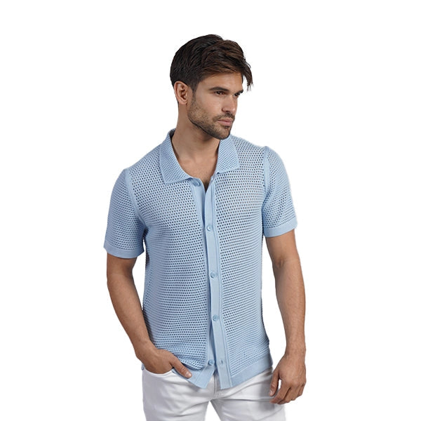 Eight X Docker Knit Button-Down Polo Shirt - Blue