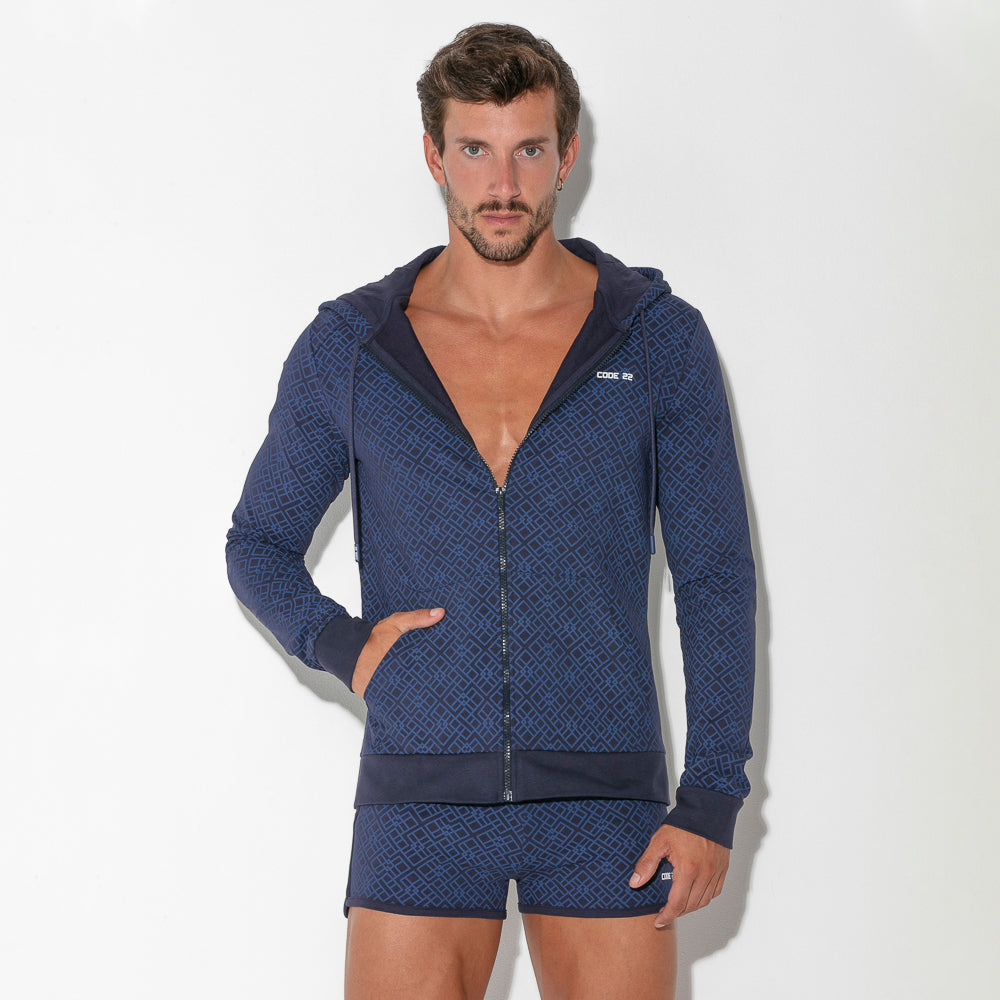 Code 22 Geometric slim-fit cotton hoodie 9811 navy blue
