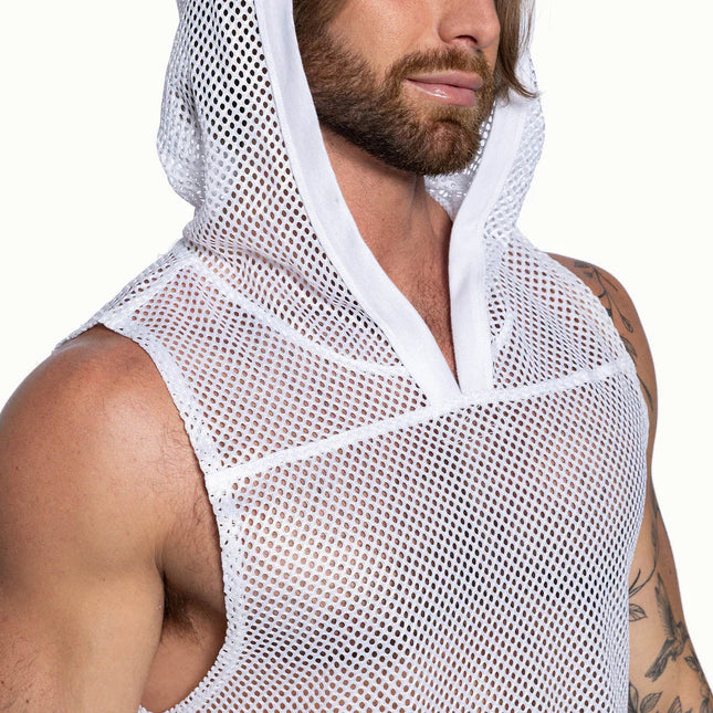 Bike Athletic Cropped Mesh Sleeveless Hoodie - White