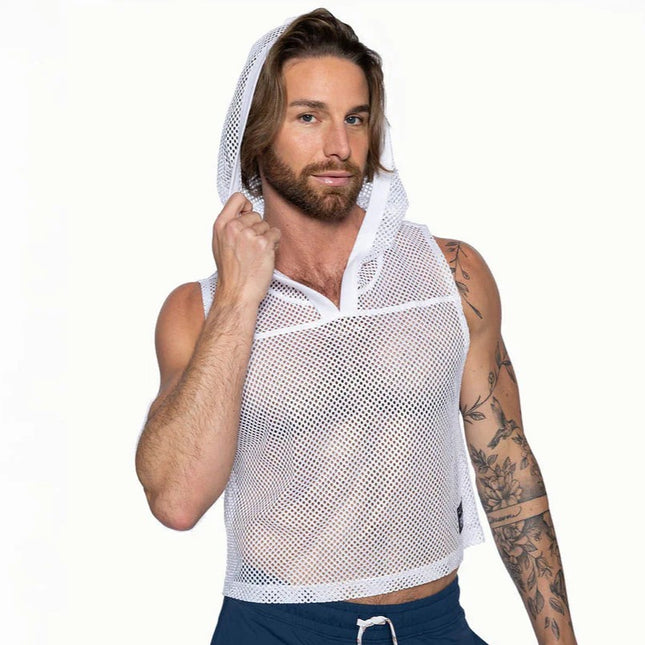 Bike Athletic Cropped Mesh Sleeveless Hoodie - White