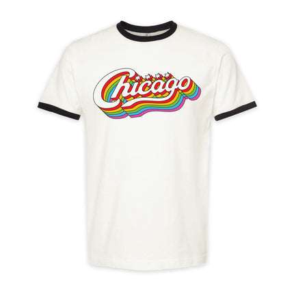 Transit Tees Chicago Rainbow Script Ringer t-shirt white