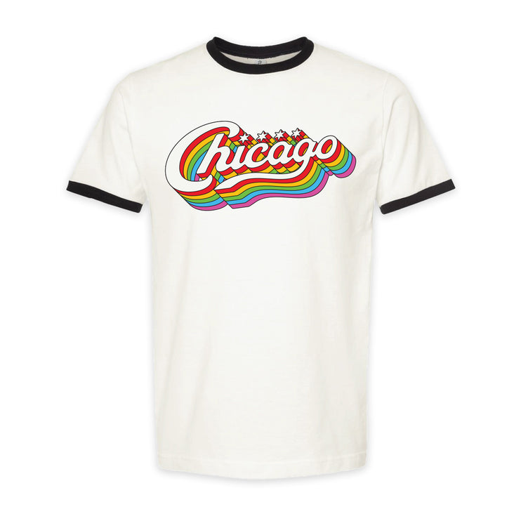 Transit Tees Chicago Rainbow Script Ringer t-shirt white