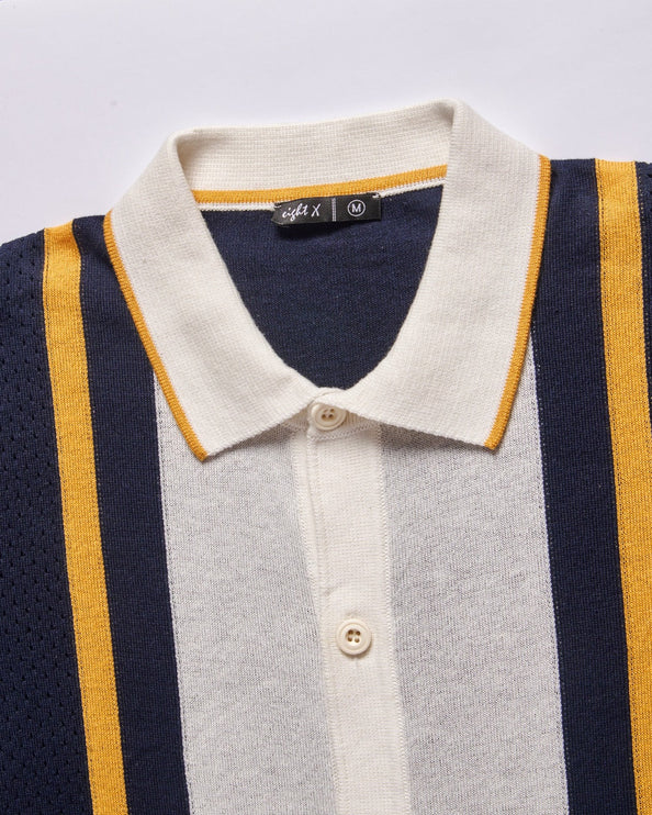 Eight X Varsity knit button up polo shirt navy