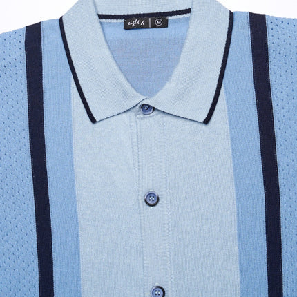 Eight X Varsity knit button up polo shirt blue