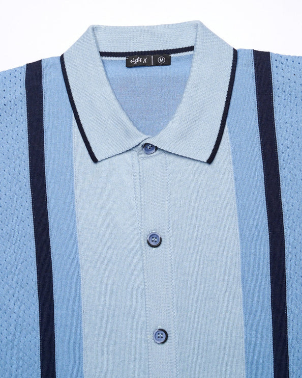 Eight X Varsity knit button up polo shirt blue