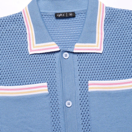 Eight X Sundae crochet short sleeve button up polo shirt blue