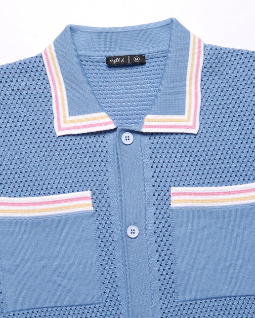Eight X Sundae Crochet Button-Down Polo Shirt - Blue