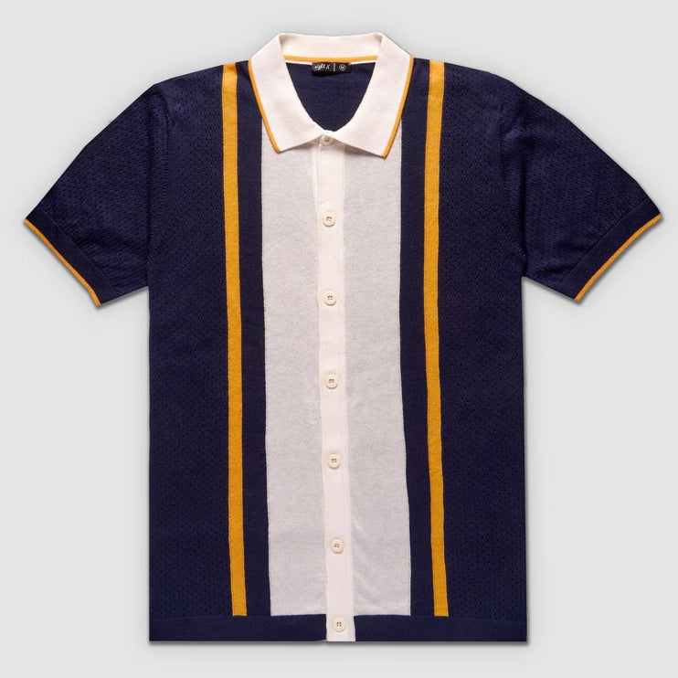 Eight X Varsity knit button up polo shirt navy