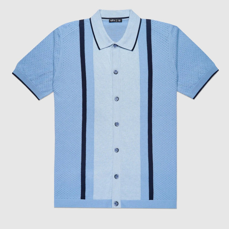 Eight X Varsity knit button up polo shirt blue