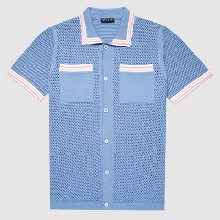 Eight X Sundae crochet short sleeve button up polo shirt blue