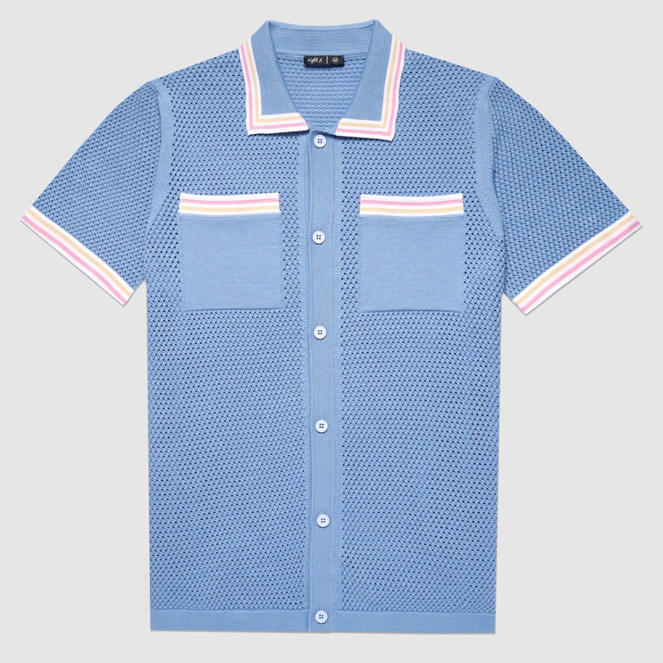 Eight X Sundae crochet short sleeve button up polo shirt blue