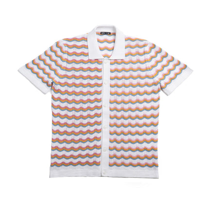 Eight X The Ripple crochet short sleeve button up polo shirt white