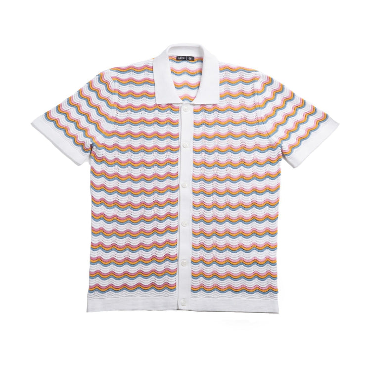 Eight X The Ripple crochet short sleeve button up polo shirt white