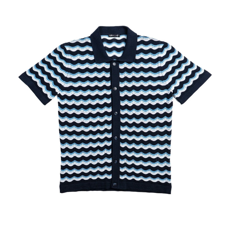 Eight X The Ripple crochet short sleeve button up polo shirt navy